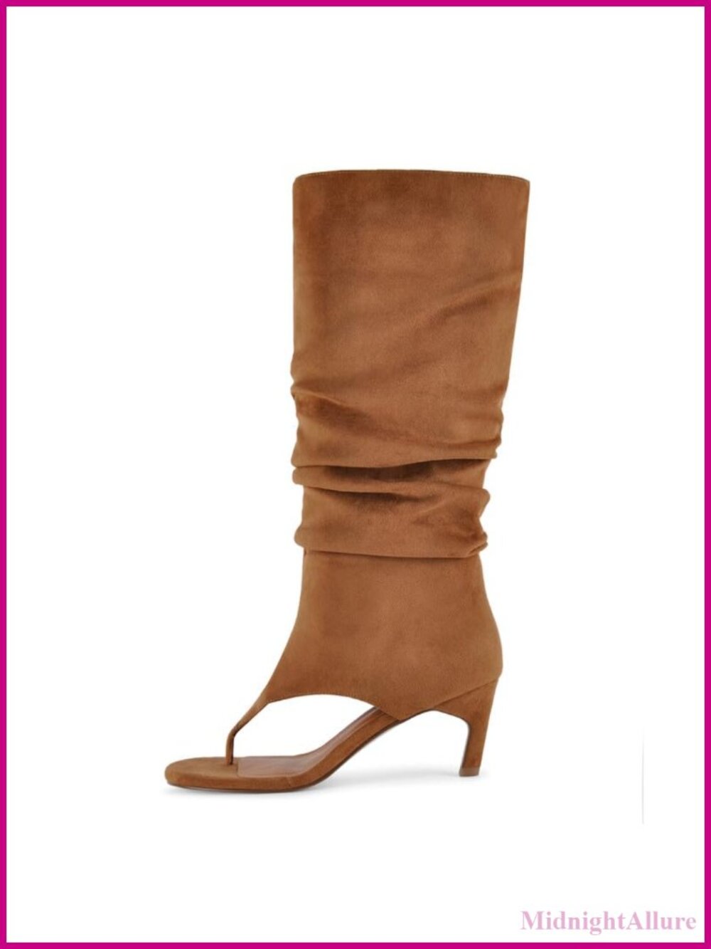 Faux Suede Slouchy Thong Knee High Boots Open Toe Kitten Heels